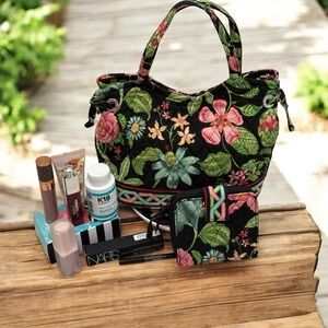 Lilly Pulitzer Black Floral Bag, Wallet & Makeup Bundle LIKE NEW